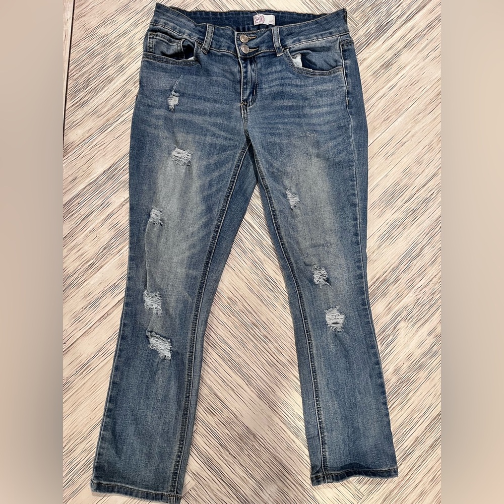 SO Women's Distressed Straight Leg Blue Jeans